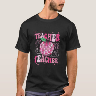 Retro Pink Disco Ball Apple Teacher Colorful Back T-Shirt
