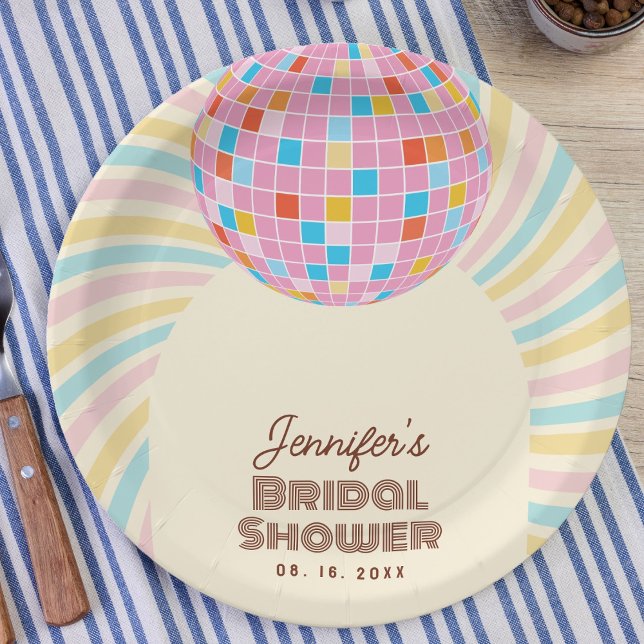 Retro Pink Disco Ball Groovy Boho Bridal Shower Paper Plates (Creator Uploaded)