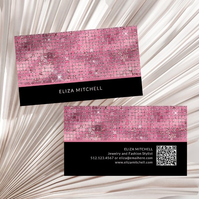 Retro Pink Disco Ball Mirror | QR Code Business Card (A glam, disco ball inspired business card in dark pink and black with a scannable QR code)