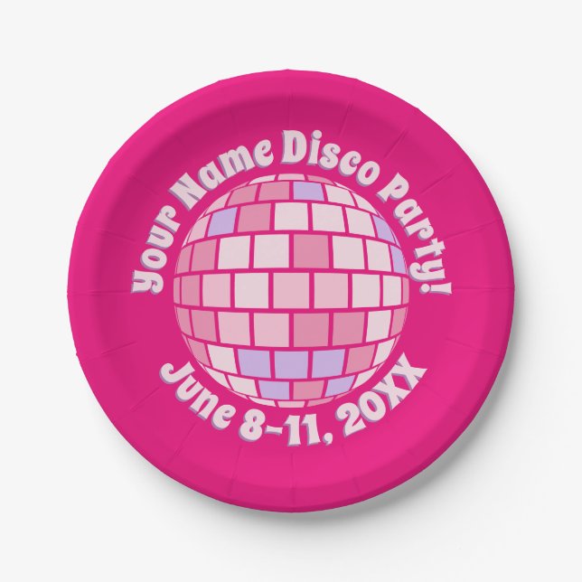 Retro Pink Disco Ball PERSONALIZED Paper Plates (Front)