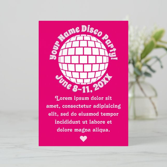 Retro Pink Disco Ball PERSONALIZED Silver Foil Invitation (Standing Front)