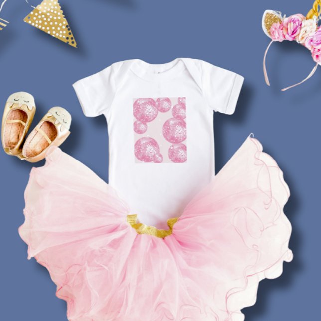 Retro Pink Disco Balls and Stars, Cute Girly Retro Baby Bodysuit (Creator Uploaded)