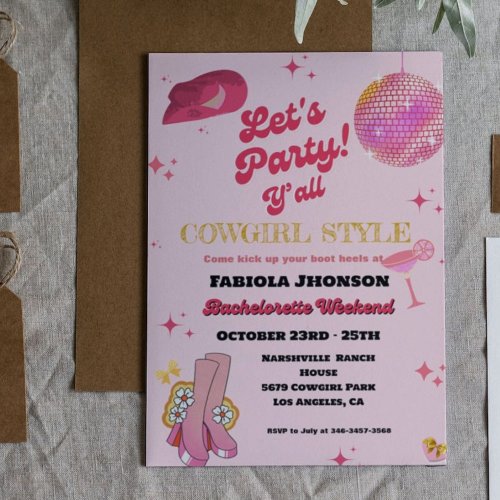 Retro Pink Disco Cowgirl Western Bachelorette  Invitation