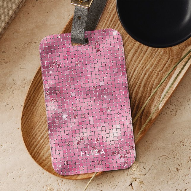 Retro Pink Disco Mirror | Monogram Luggage Tag (A glam, dark pink disco ball inspired luggage tag)