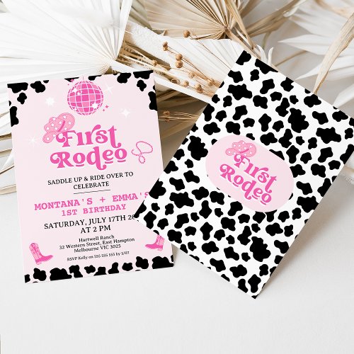 Retro Pink Disco Twins First Rodeo 1st Birthday Invitation