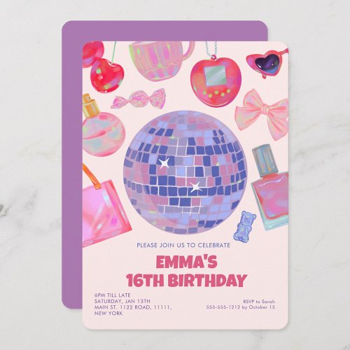 Retro Pink Disco yk2 aesthetic Sweet 16 Birthday  Invitation