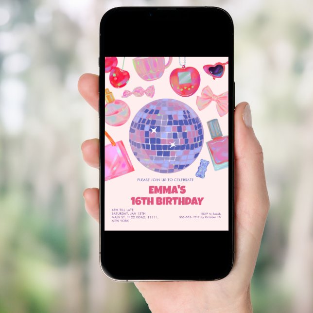 Retro Pink Disco yk2 aesthetic Sweet 16 Birthday  Invitation (Front Digital)