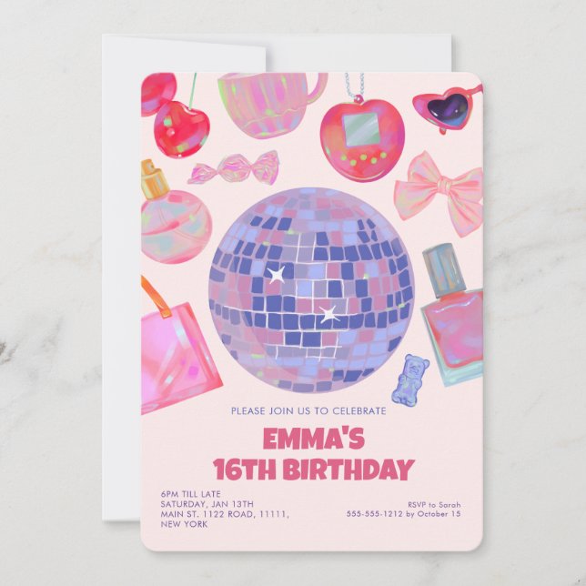 Retro Pink Disco yk2 aesthetic Sweet 16 Birthday  Invitation (Front)