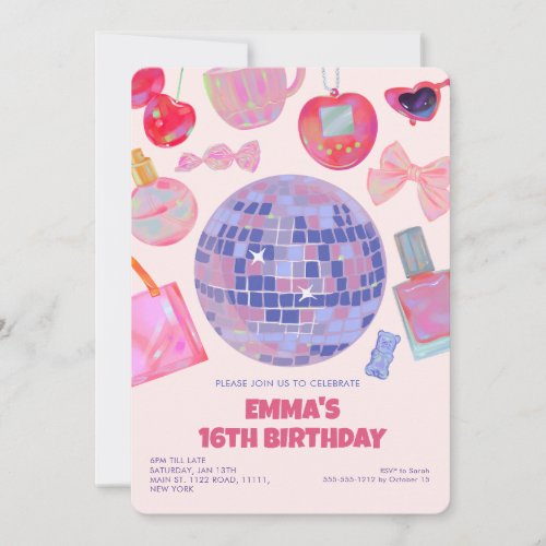 Retro Pink Disco yk2 aesthetic Sweet 16 Birthday  Invitation