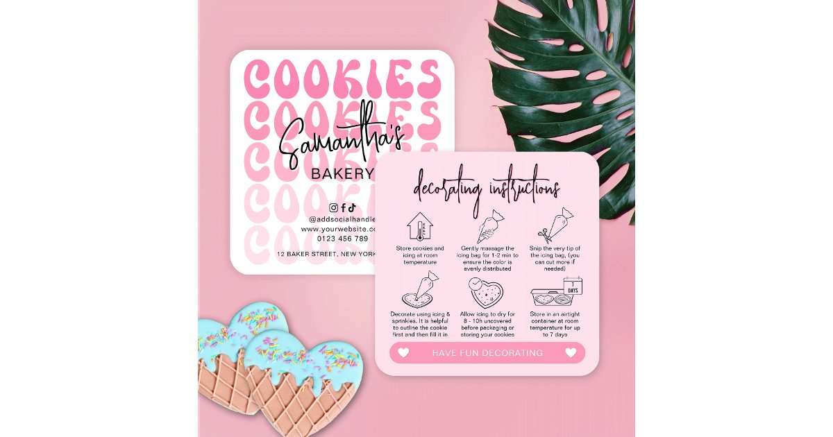 Retro Pink DIY Cookie Decorating Instructions Square Business Card | Zazzle