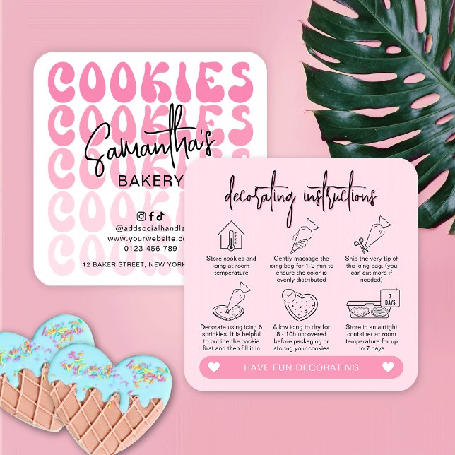 Retro Pink DIY Cookie Decorating Instructions Square Business Card (Trendy cookies decorating kit instructions cards in retro pink design with icons)