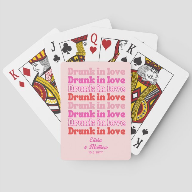 Retro Pink Drunk in Love Wedding Poker Cards (Back)