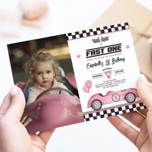 Retro Pink Fast One Race Car 1st Birthday Photo Invitation
