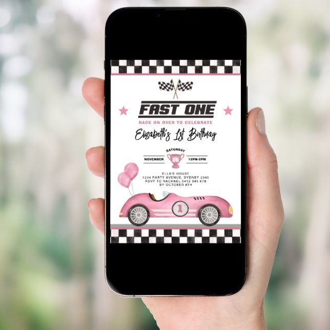 Retro Pink Fast One Race Car Girl 1st Birthday Invitation (Front Digital)