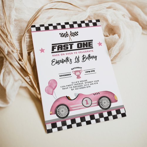 Retro Pink Fast One Race Car Girl 1st Birthday Invitation