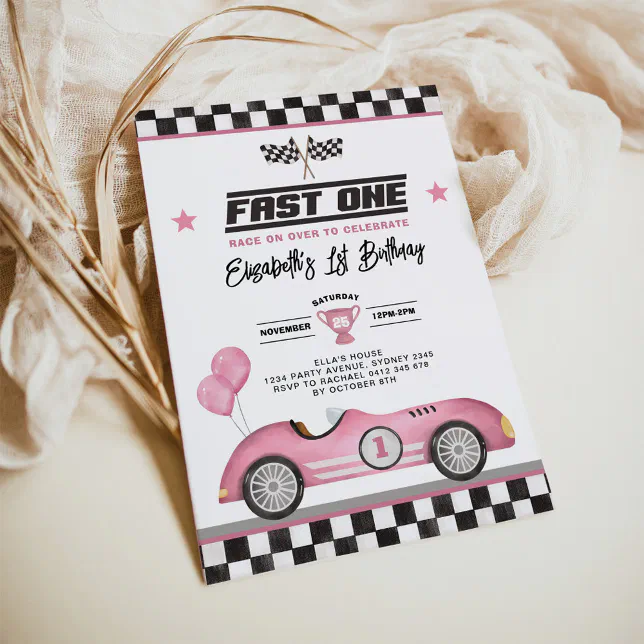 Retro Pink Fast One Race Car Girl 1st Birthday Invitation
