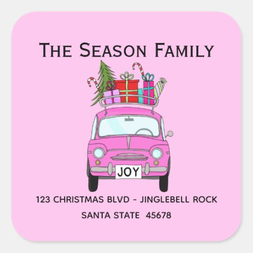 Retro Pink Fiat 500 with Christmas Gifts Square Sticker