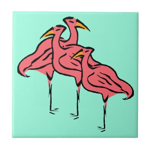 Retro Pink Flamingo Birds Flock on Aqua Blue Tile