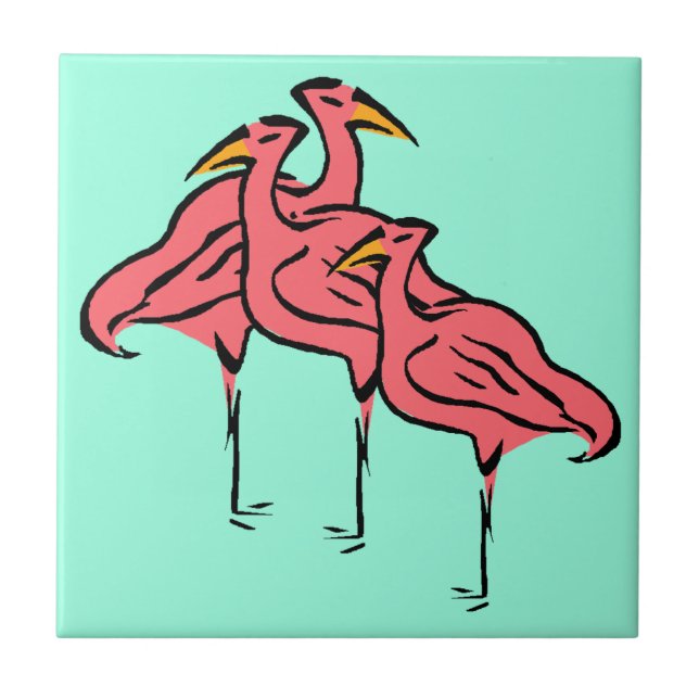 Retro Pink Flamingo Birds Flock on Aqua Blue Tile (Front)