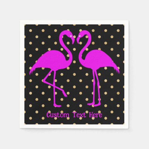 Retro Pink Flamingo Black Gold Polka Dot Pattern Napkins