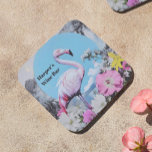 Retro Pink Flamingo Collage Beverage Coaster<br><div class="desc">This retro-inspired design features a bold, pastel-pink flamingo set against a bright blue backdrop, creating a serene yet striking contrast. Surrounding the flamingo, delicate flowers in shades of pink, yellow, and white evoke a dreamy, vintage garden feel, blending nature and pop art effortlessly. Perfect for lovers of quirky, feminine designs,...</div>
