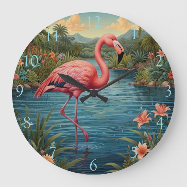 Retro pink flamingo large clock (Front)