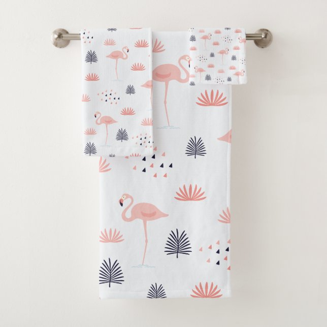 Retro Pink Flamingo Pattern by WhimsicalArtwork™ Bath Towel Set (Insitu)