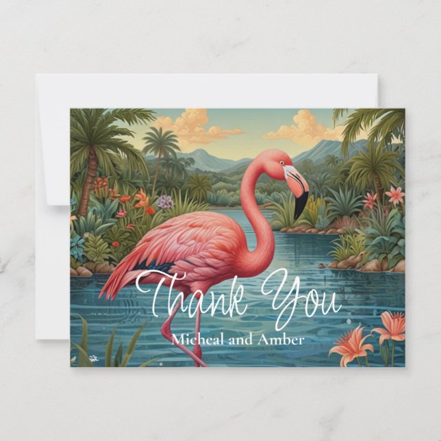 Retro pink flamingo thank you card (Front)