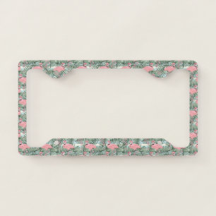 Retro Pink Flamingoes Palm Leafs Pattern License Plate Frame