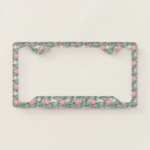 Retro Pink Flamingoes Palm Leafs Pattern License Plate Frame