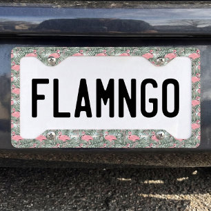 Retro Pink Flamingoes Palm Leafs Pattern License Plate Frame