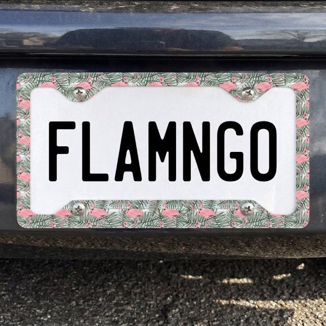 Retro Pink Flamingoes Palm Leafs Pattern License Plate Frame (Creator Uploaded)