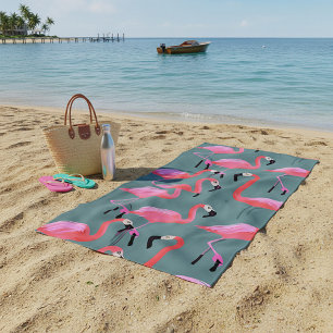 Retro pink flamingos beach towel