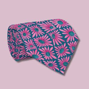 Retro Pink Floral Block Print Daisy Neck Tie