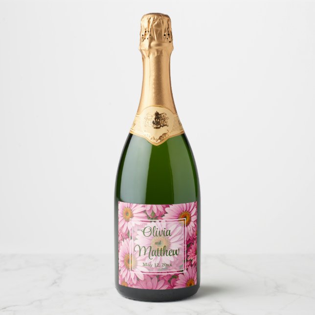 Retro pink floral daisy pattern sparkling wine label (Front)