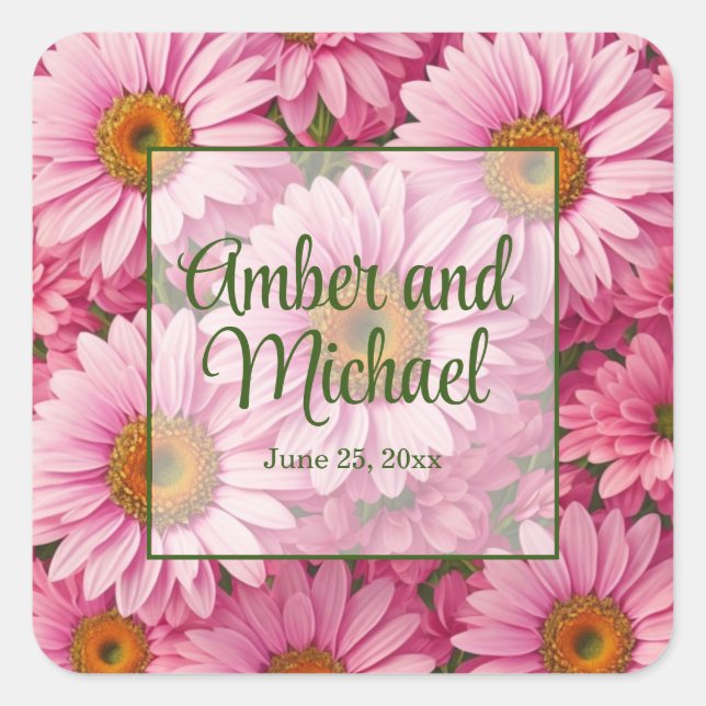 Retro pink floral daisy pattern square sticker (Front)