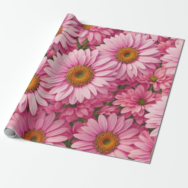 Retro pink floral daisy pattern wrapping paper (Unrolled)