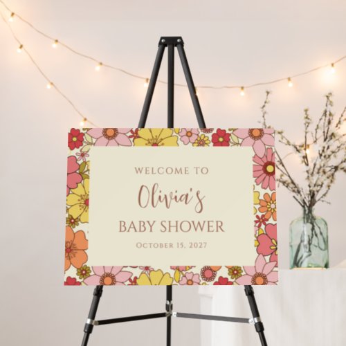 Retro Pink Floral Groovy Baby Shower Welcome Sign