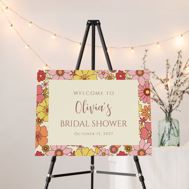 Retro Pink Floral Groovy Bridal Shower Welcome  Foam Board (In Situ (Stand))