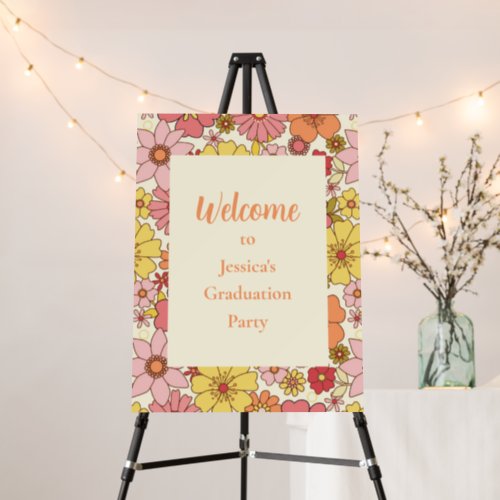 Retro Pink Floral Groovy Graduation Party Welcome  Foam Board