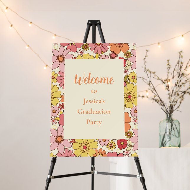 Retro Pink Floral Groovy Graduation Party Welcome  Foam Board (In Situ (Stand))