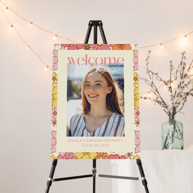 Retro Pink Floral Groovy Graduation Photo Welcome Foam Board (In Situ (Stand))