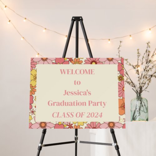 Retro Pink Floral Groovy Graduation Welcome Sign