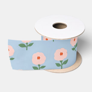 Retro Pink Floral on Blue Satin Ribbon