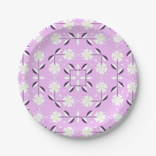 Retro, Pink floral pattern Paper Plates