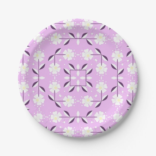 Retro, Pink floral pattern Paper Plates (Front)