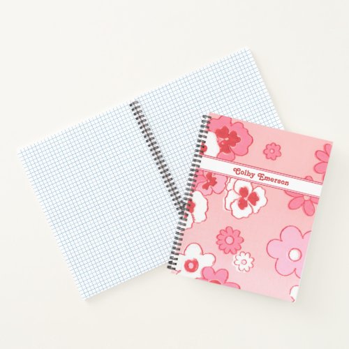 Retro Pink Floral Personalized Spiral Graph Paper Notebook