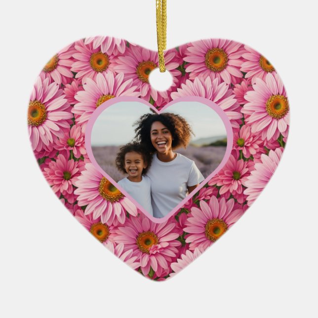 Retro pink floral pink daisies photo template  ceramic ornament (Front)
