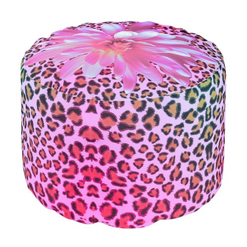 Retro pink floral with leopard pattern  pouf