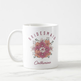 Retro Pink Flower Custom Name Bridesmaid Mug